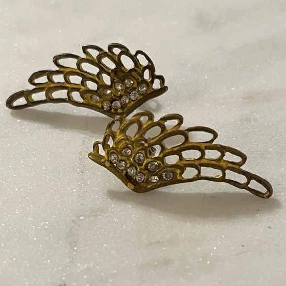 Angel Wing Earrings Bronze Tone with Rhinestone Post Earrings - Picture 12 of 13